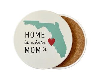 Home Is Where Mom Is Florida Map Absorbent Ceramic Coaster with Cork Backing