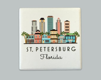 St. Petersburg Florida Illustrated Skyline Ceramic Fridge Magnet
