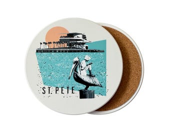 St. Petersburg Florida Pier  Collage Skyline Absorbent Ceramic Stone Coaster with Cork Backing