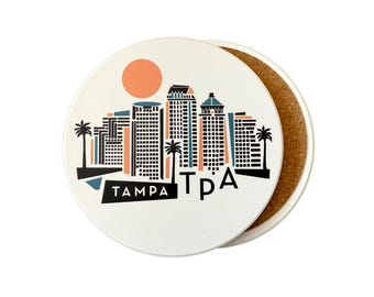 Tampa Florida Geometric Skyline Absorbent Flat Ceramic Coaster with Cork Backing
