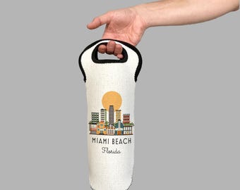 Miami Beach Florida Skyline Wine Carrier Tote Neoprene Lining Liquor Bottle Cooler