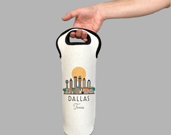 Dallas Texas Skyline Wine Carrier Tote Neoprene Lining Liquor Bottle Cooler