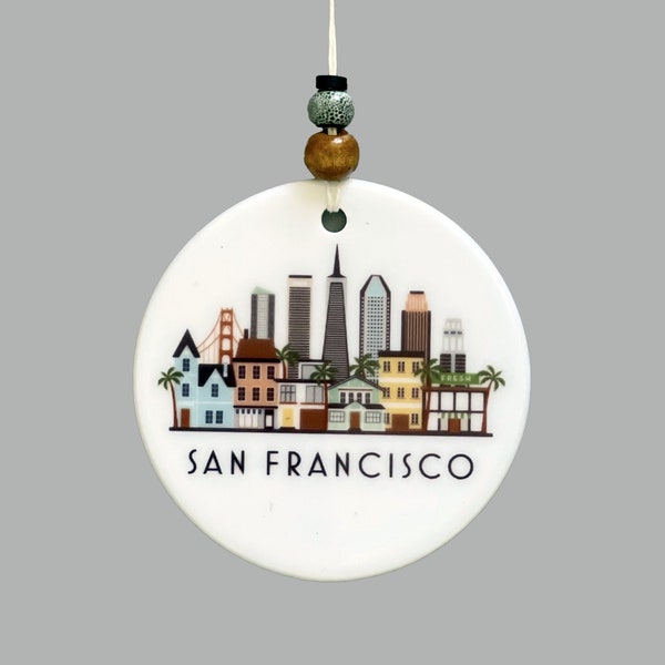 San Francisco California Skyline Graphic Ornament | SF City Scene Tree Decoration | Bay Area Christmas Xmas Holiday Ornament