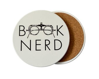 Book Nerd Absorbent Flat Ceramic Coaster with Cork Backing