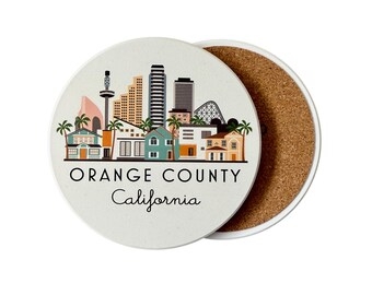Orange County California Illustrated Skyline Absorbent Flat Ceramic Coaster with Cork Backing