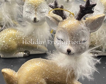 Set of 6 Retro Style Reindeer Christmas Tree Ornaments NEW