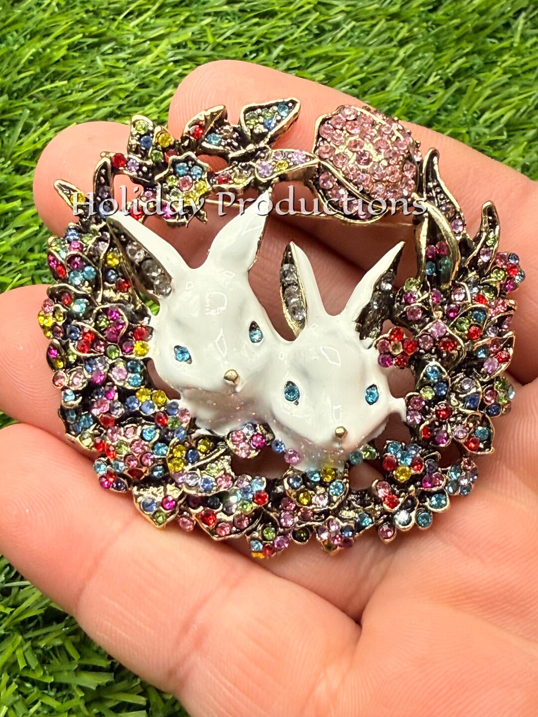 Easter Bunny Rabbit Wreath Floral Tulip Crystal Rhinestone Brooch Pin ...