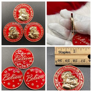 Official North Pole 1 1/4” Two Sided Santa Claus Believe Merry Christmas Coins Set Of 3 Metal Enamel Raised Details Glossy Ships In 24hrs