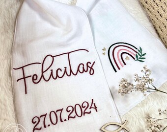 Taufschal Musselin mit Regenbogen – personalisiert mit Name & Taufdatum – handbestickt – Geschenk zur Taufe