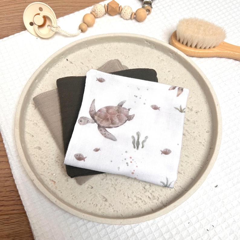 Musselin Waschlappen Baby Schildkröten | Waschläppchen Set | Geschenk zur Geburt | Baby Pflege | Meerestiere, Unterwasserwelt bild 1
