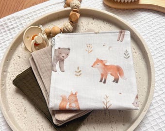 Musselin Waschlappen Baby Waldtiere | Waschläppchen Set | Geschenk zur Geburt | Baby Pflege | Reh, Igel, Bär, Fuch