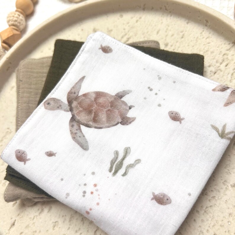 Musselin Waschlappen Baby Schildkröten | Waschläppchen Set | Geschenk zur Geburt | Baby Pflege | Meerestiere, Unterwasserwelt bild 2