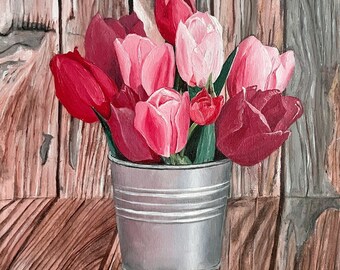 Tulipanes, pintura acrílica original sobre lienzo, bodegón floral rosa para pared, decoración rústica de cocina estilo granja, arte floral único.