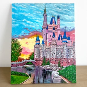 Princess Castle: Original Acrylic Painting on Canvas, Pink Castle Wall Art, Fairytale Decor, Fantasy Gift, Girl&#39;s Bedroom, Magic Castle