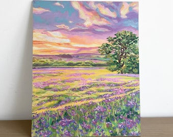 Wildflower Meadow Original Acrylic Painting, Purple Sunset Countryside Landscape Wall Art, Suffolk Field, 38x48cm One of a Kind Art