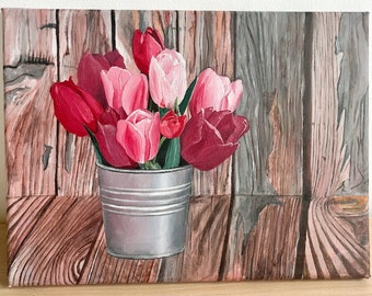 Rustic Bloom: Original Acrylic Painting on Canvas, Tulips Acrylic Painting, Still Life, Original Artwork, Floral Fine Art, Pink Flowers Gift