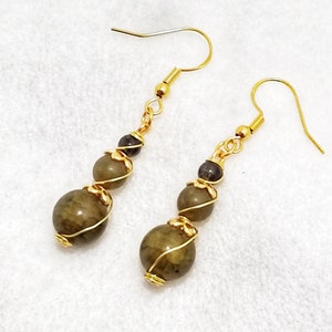Gold Beaded Dangle Earrings, Olive Jade Earrings, Gemstone and Glass Earrings, Wire Wrapped Earrings, Wire Wrapped Beaded Earrings
