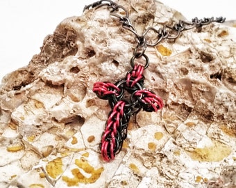 Gothic Chainmail Celtic Cross Necklace, Black and Red Cross, Celtic Cross Necklace, Chainmail Necklace, Gothic Cross Necklace