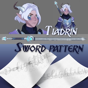 May include: A digital illustration of a character named Tiadrin, a blue-skinned elf with white hair and blue eyes, holding a silver sword with a blue gem. The sword has a pattern of crescent moons and other symbols. The text "SWORD PATTERN" is below the sword.