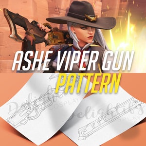 Puede incluir: Un patrón digital para un accesorio de cosplay, un dibujo en blanco y negro de un arma llamada "Ashe Viper Gun". El patrón está etiquetado como "Delighted Cosplay".