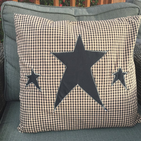 18x18 Primitive Pillow, Gingham Fabric, Decor Pillow, Primitive Stars