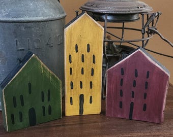 Primitive Wood Saltbox Trio, Saltbox House Set of 3, Shelf Decor