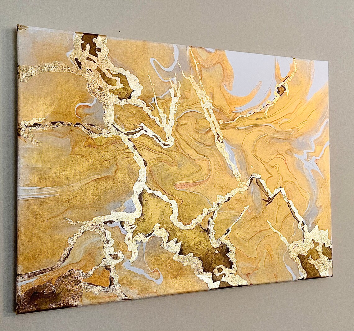 CanvasOriginal Gold Leaf & Acrylic Pour Painting Made in North | Etsy