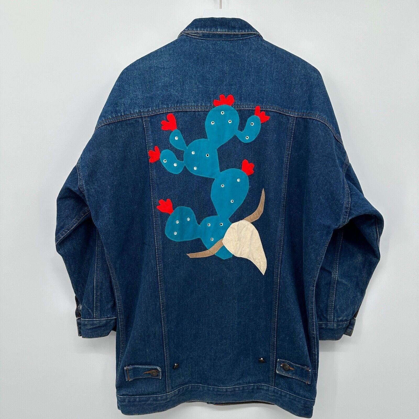 Vintage 80s Denim Jacket Coat Oversized Small Cowboy Cactus