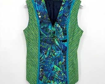 Vintage 80s Vest Shirt Size Medium Satin Trim Rhinestones Boho Earthy Artsy USA