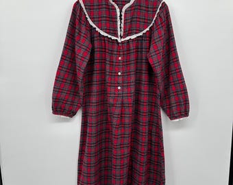 Vintage Lanz of Salzburg Nightgown Medium Flannel Red Plaid Cottagecore Prairie