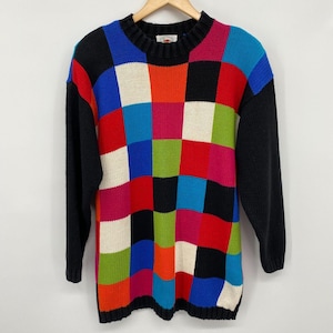 Vintage 90s Sweater Jumper Size Medium Color Block Shoulder Pad Check Pullover Rainbow
