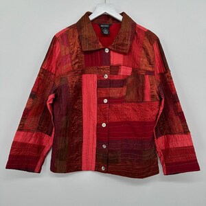 Vintage 80s Multiples Jacket Quilted Patchwork Size Large 70% Silk Red Lightweight Lined