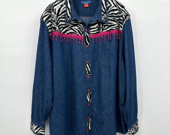 Vintage Upcycled Denim Tunic Top Shirt Womens Plus Size 3X Button Up Beaded Glam