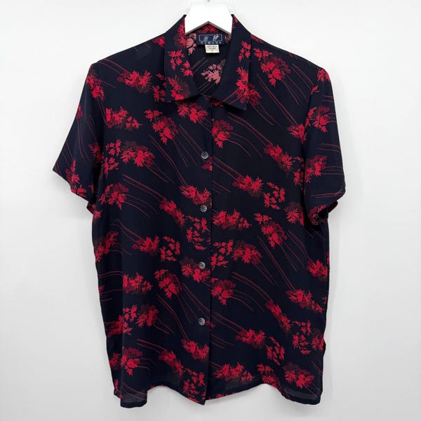 Vintage 100% Silk Top Shirt Blouse Size L XL Shoulder Pads Floral Quiet Luxury