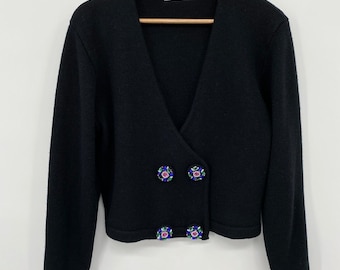 Vintage 70s Cardigan Sweater Shrug Medium 49% Lambswool Jewel Buttons Old Money