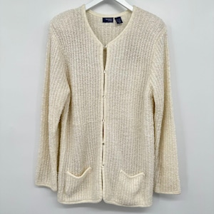 Vintage 70s Cardigan Sweater Size 42 Medium Large Top Chunky Shoulder Pads Pockets Ivory Old Money Preppy Neutral