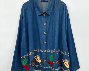 Vintage Y2K Denim Jacket Western Size 4X 5X Cowboy Boots Hat Embroidered Cowgirl