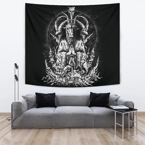 Skull Satanic Goat Zombie Crow Feast Large Wall Tapestry-Satanic Goth Occult Wall Decor-