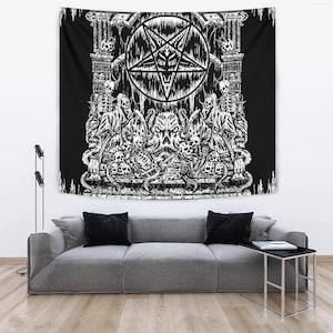 Skull Satanic Pentagram Shrine Huge Wall Tapestry-Satanic Wall Decor-Goth Satanic Wall Decor-
