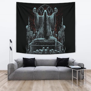 Calavera Demonio Encapuchado Ataúd Empalado Santuario Decoración de pared grande Tapiz Versión de color-Decoración de pared de calavera-Decoración de pared gótica-Decoración de pared satánica-