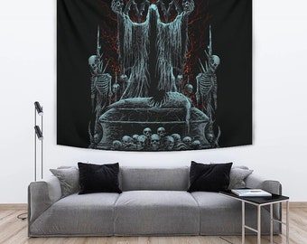 Skull Hooded Demon Impaled Coffin Shrine Large Wall Decoration Tapestry Color Version-Skull Wall Decor-Gothic Wall Decor-Satanic Wall Decor-