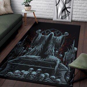 Skull Hooded Demon Impaled Coffin Shrine Area Rug Color Version-Gothic Skull Rug-Skull Rug-Skull Home Decor-Satanic Home Decor-Goth Satanic-