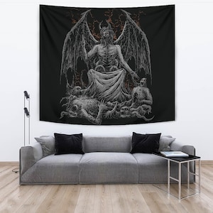 Skull Satanic Demon God Large Wall Decoration Tapestry Dark Version-Skull Satanic Goth Occult Wall Decor-