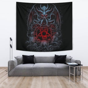 Skull Satanic Pentagram Demon Octopus Large Wall Decoration Tapestry Color Version-Skull Goth Satanic Wall Decor-