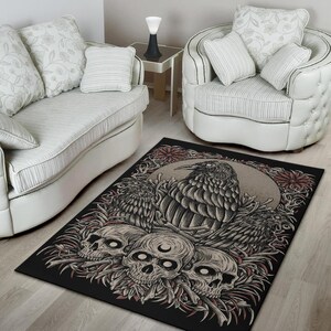Skull Gothic Occult Crow Area Rug Color Version-Skull Goth Occult Decor Rugs-