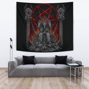 Skull Satanic Goat Satanic Pentagram Flame Silver Large Wall Decoration Tapestry-Satanic Goat Wall Decor-Baphomet Wall Decor-