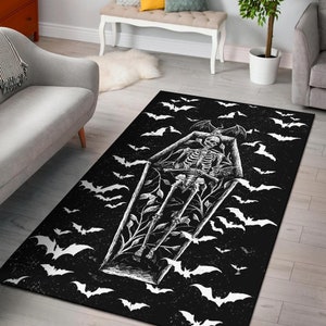 Bat Skull Skeleton Coffin Shrine Area Rug-coffin rug-skull rug-gothic home decor-bat coffin rug
