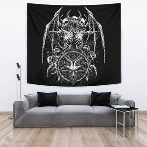 Skull Satanic Bat Wing Demon Goat Satanic Pentagram Serpent Large Wall Tapestry Black And White-Satanic Goth Occult Wall Decor-