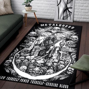 May include: Black and white rug with a skull and crossbones design. The rug features the text "Metaloreed" and "Low Yourself - Power Yourself - Genuine Blood".