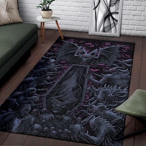 Coffin Shroud Demon Galore Bat Wing Area Rug Night Blue Pink-Goth Bat Rug-Gothic Coffin Rug-Gothic Coffin Decor-